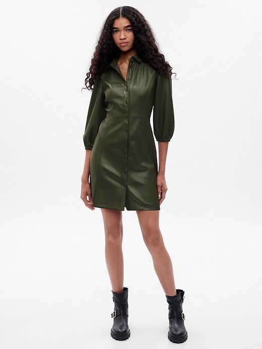 1 of 8 showing, with the color deep green of product Puff Sleeve Vegan Leather Mini Dress