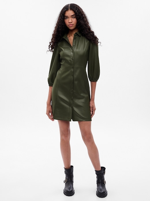 Image number 7 showing, Puff Sleeve Vegan Leather Mini Dress