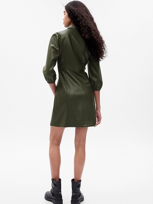 2 of 8 showing, with the color deep green of product Puff Sleeve Vegan Leather Mini Dress
