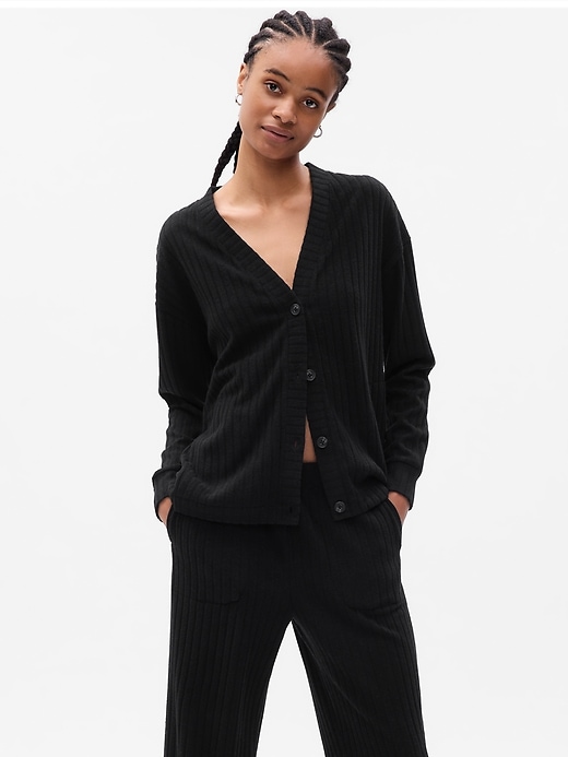 1 of 8 showing, with the color true black of product Cozy Rib PJ Cardigan
