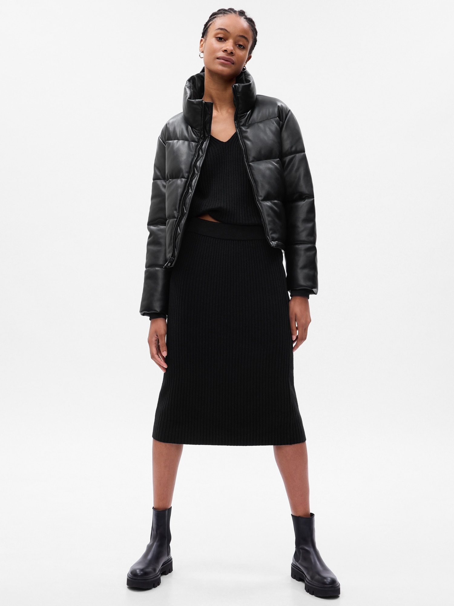 Gap Big Puff Cropped Jacket In Black Faux Leather