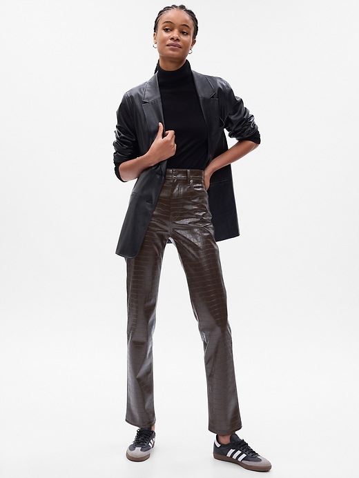 1 of 8 showing, with the color brown noir of product High Rise Vegan Croc Leather Cheeky Straight Pants