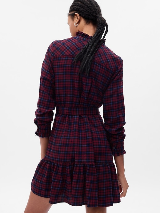 2 of 8 showing, with the color purple burgundy & navy blue plaid of product Plaid Tiered Mini Dress