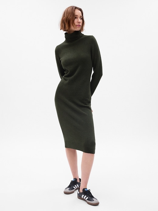 1 of 8 showing, with the color mistletoe of product CashSoft Turtleneck Midi Sweater Dress