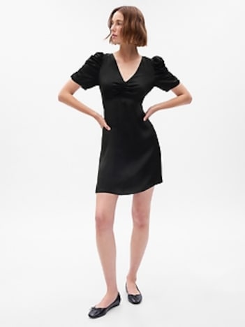 Puff-Sleeve Ruched Mini Dress