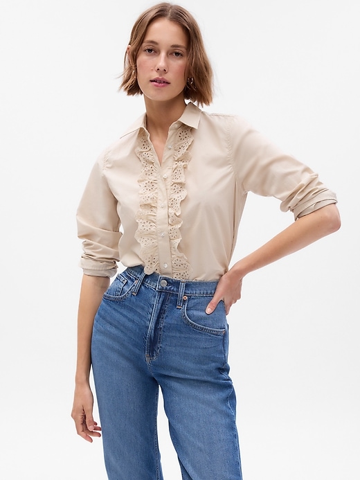 1 of 8 showing, with the color bedrock beige of product Eyelet Ruffle Perfect Shirt