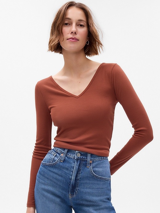 1 of 8 showing, with the color copper brown of product Mini Rib V-Neck T-Shirt