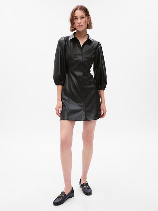 Image number 1 showing, Puff Sleeve Vegan Leather Mini Dress