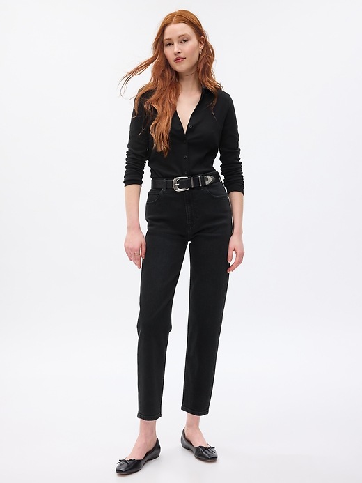 1 of 8 showing, with the color black wash of product High Rise Taper Jeans