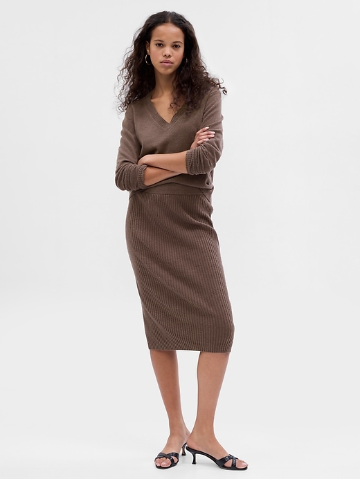 1 of 8 showing, with the color cashmere brown of product CashSoft Rib Midi Sweater Skirt