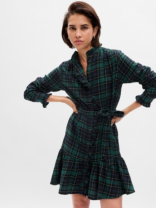 1 of 8 showing, with the color green & navy blue blackwatch plaid of product Plaid Tiered Mini Dress