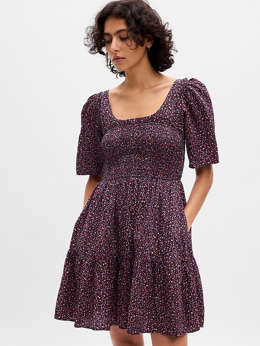 1 of 8 showing, with the color purple mini print of product Puff Sleeve Smocked Mini Dress