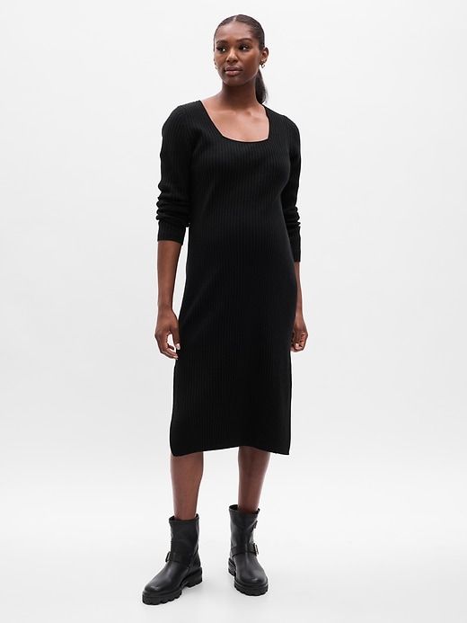 1 of 8 showing, with the color true black of product Maternity CashSoft Rib Midi Sweater Dress