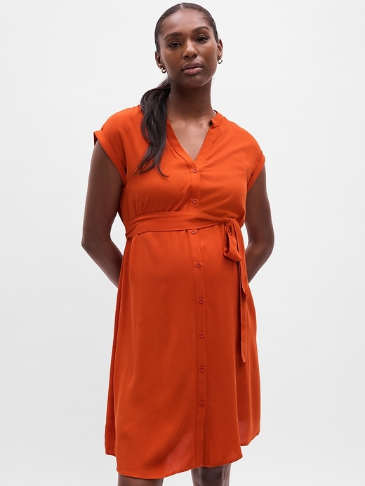 1 of 8 showing, with the color cornucopia red of product Maternity Button-Front Midi Dress