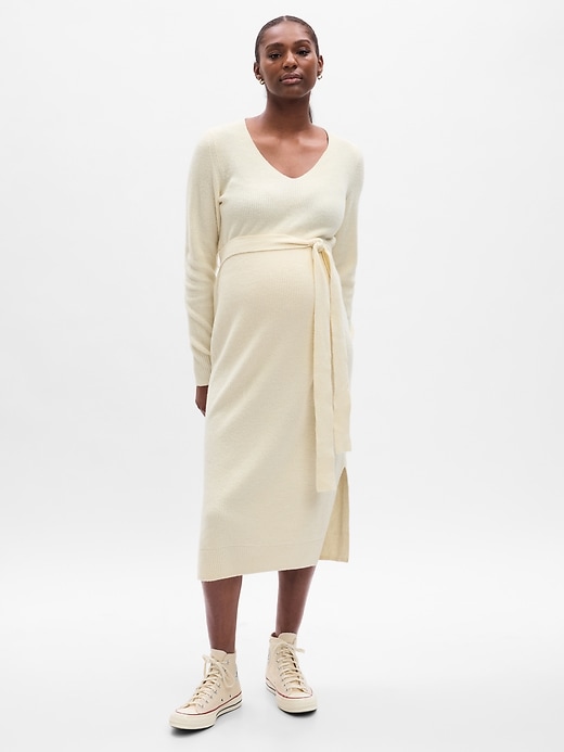 View large product image 1 of 1. Maternity CashSoft Belted Midi Sweater Dress