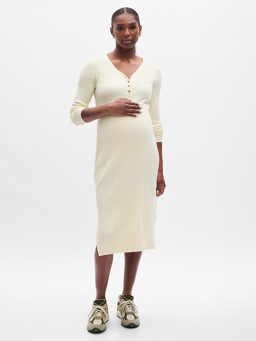 1 of 8 showing, with the color chino beige of product Maternity CashSoft Henley Midi Sweater Dress