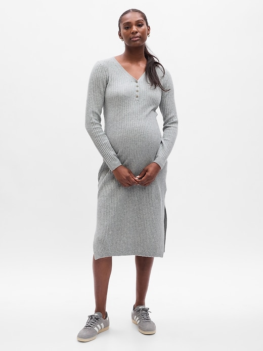 1 of 8 showing, with the color heather grey of product Maternity CashSoft Henley Midi Sweater Dress