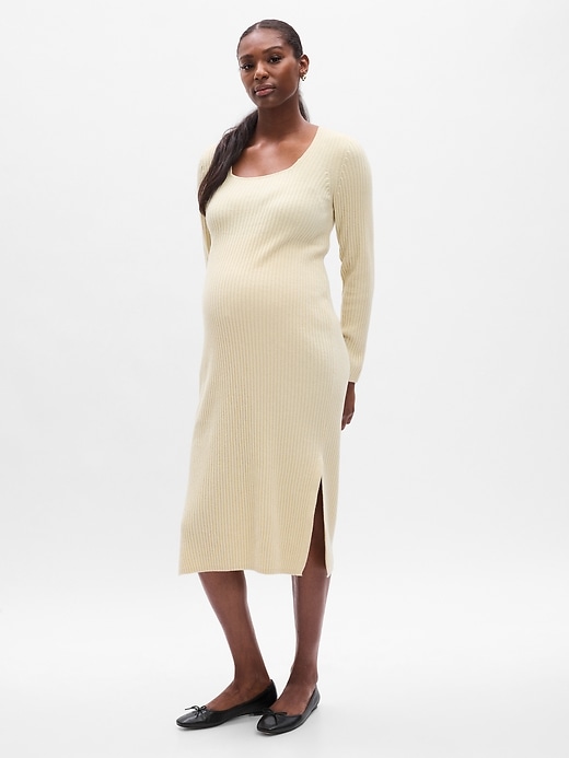 1 of 8 showing, with the color chino beige of product Maternity CashSoft Rib Midi Sweater Dress