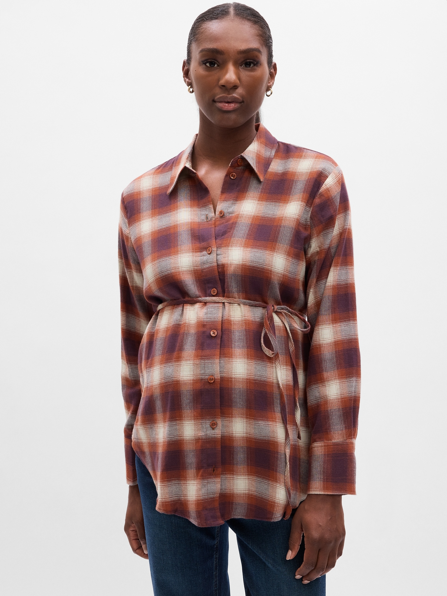 Gap Maternity Tie-waist Plaid Shirt In Brown Plaid