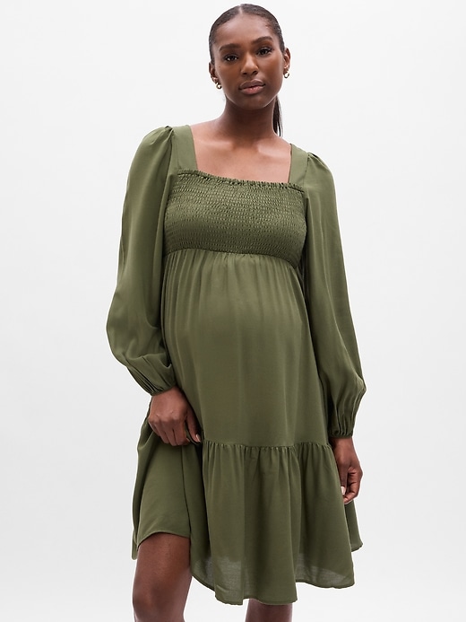 1 of 8 showing, with the color olive green of product Maternity Smocked Midi Dress