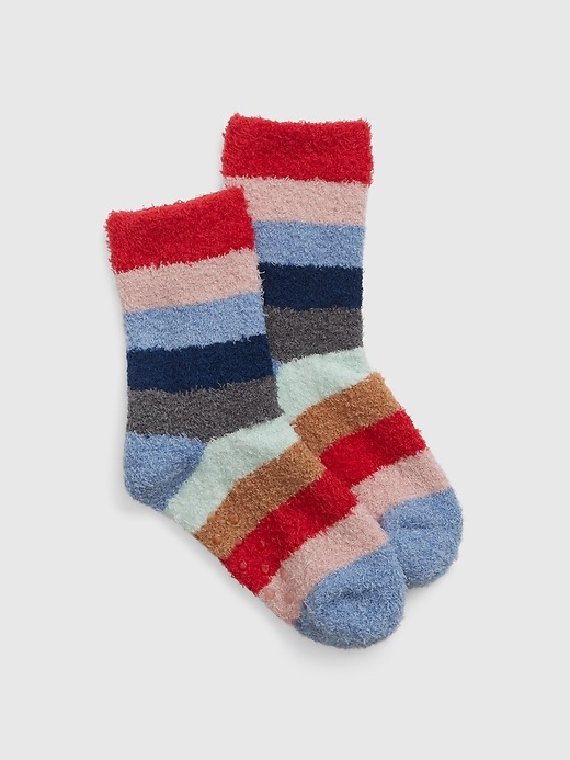 1 of 8 showing, with the color multi happy stripe of product Kids Recycled Fuzzy Crew Socks