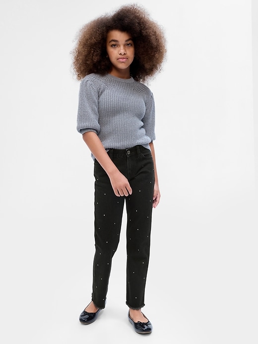 1 of 8 showing, with the color black wash of product Kids Mid Rise Rhinestone '90s Straight Jeans