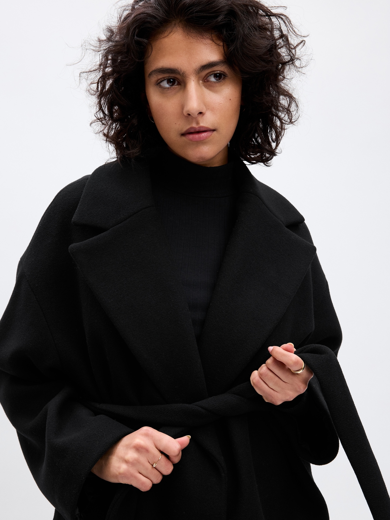 Mid Length Hooded Wrap Black Coat