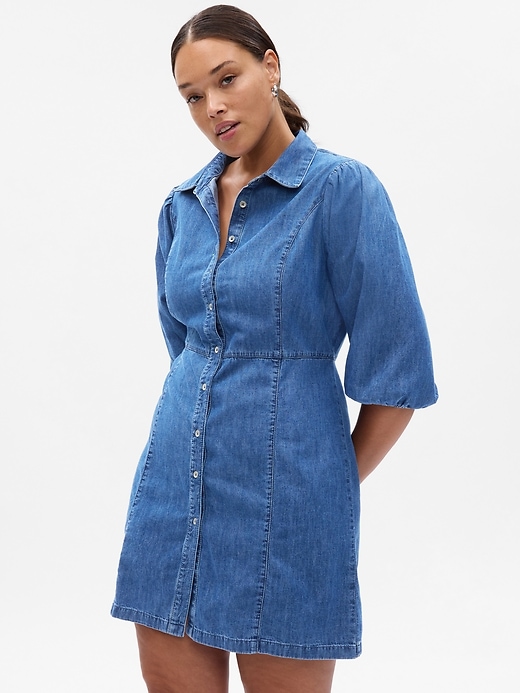 Image number 4 showing, Organic Cotton Puff Sleeve Denim Mini Dress