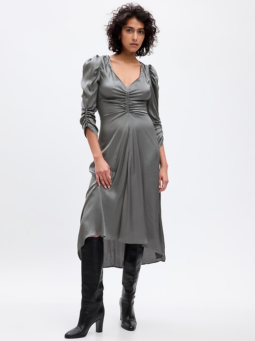 1 of 8 showing, with the color new shadow grey of product Ruched Satin Midi Dress