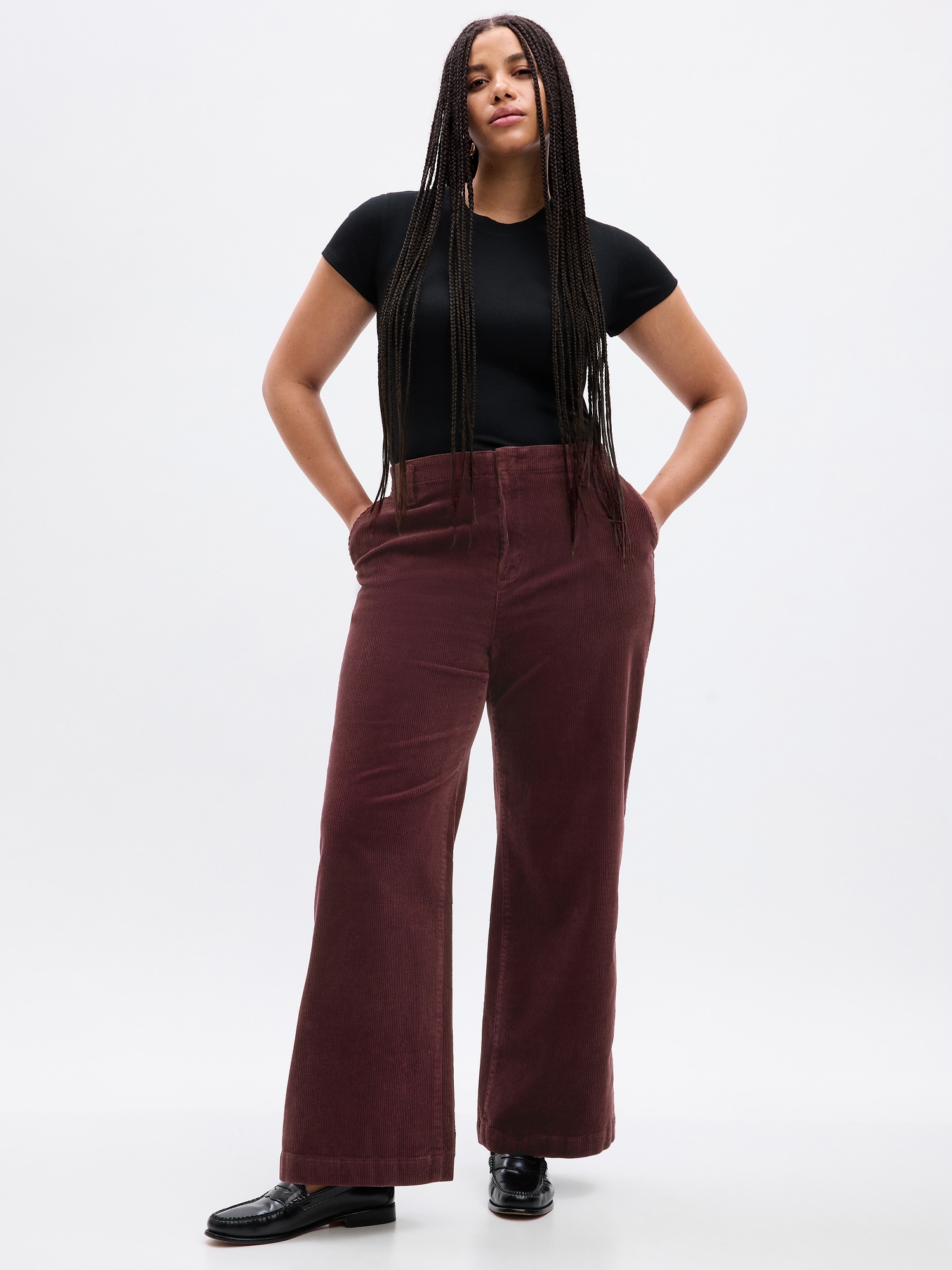 Women’s Solid Mid Waisted Wide Leg Corduroy Pants Straight Casual Baggy  Trousers