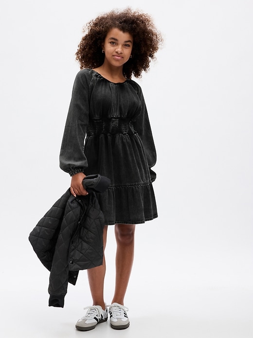 1 of 8 showing, with the color black wash of product Kids Smocked Denim Dress