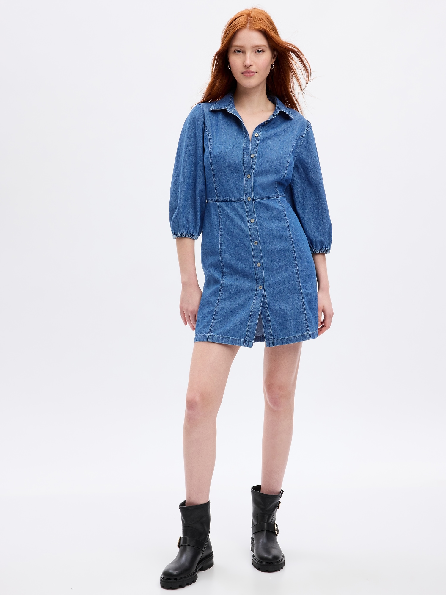 Organic Cotton Puff Sleeve Denim Mini Dress