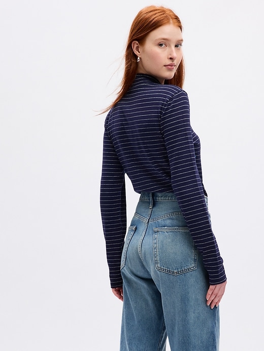 2 of 8 showing, with the color navy blue & silver lurex stripe of product Modern Mockneck Cropped T-Shirt