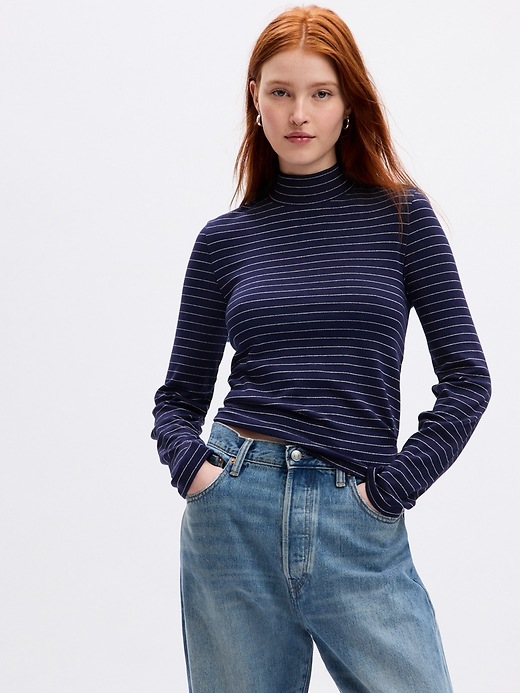 1 of 8 showing, with the color navy blue & silver lurex stripe of product Modern Mockneck Cropped T-Shirt
