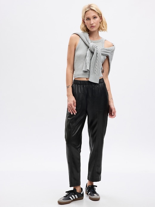 1 of 8 showing, with the color black faux leather of product High Rise Vegan Leather Straight Pull-On Pants