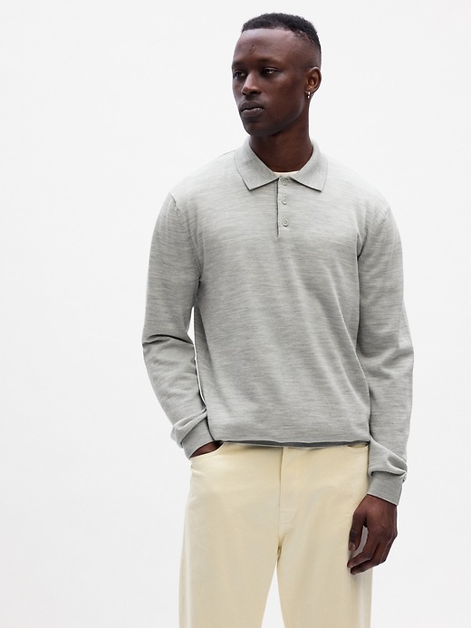 1 of 8 showing, with the color heather grey of product Merino Wool Polo Shirt