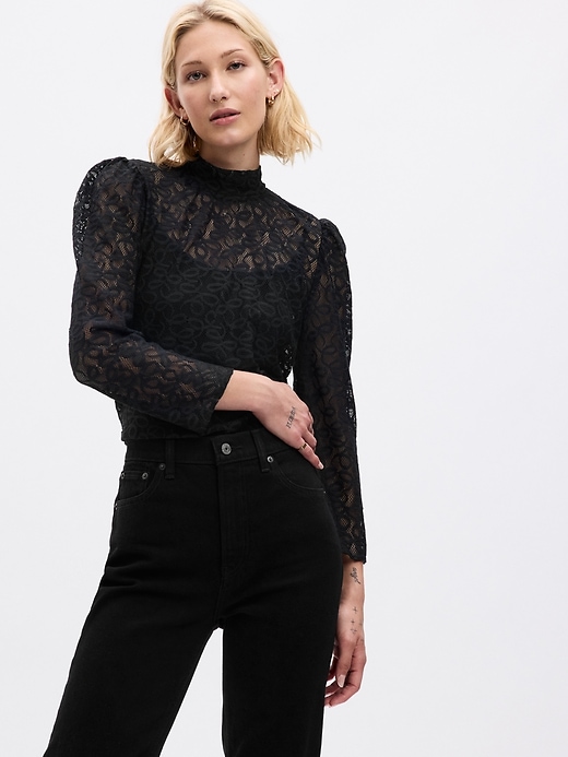 1 of 8 showing, with the color BLACK of product Crochet Lace Top