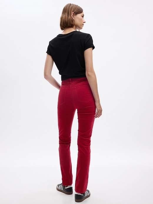 2 of 8 showing, with the color sled red of product High Rise Velvet Vintage Slim Pants