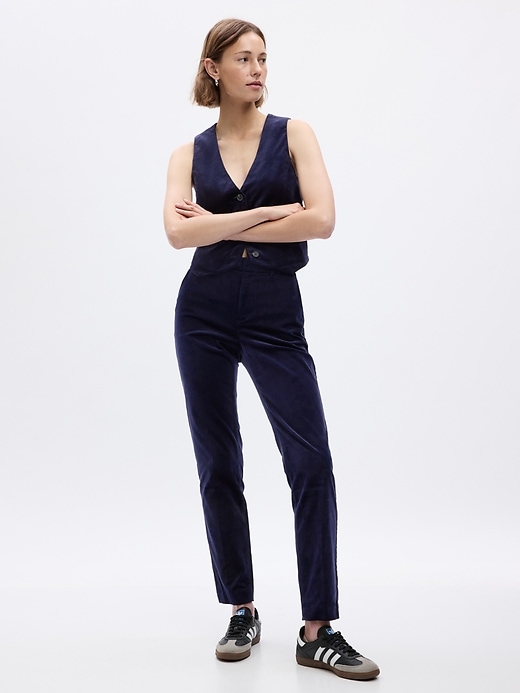 1 of 8 showing, with the color navy blue of product Mid Rise Velvet Downtown Khakis
