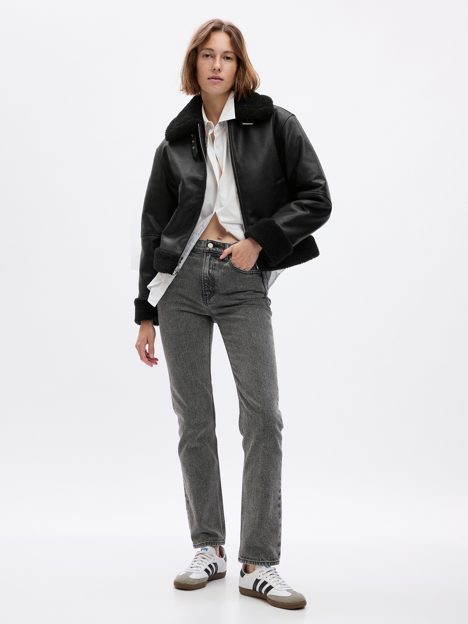 Gap Vegan Leather Sherpa-trim Jacket In Black