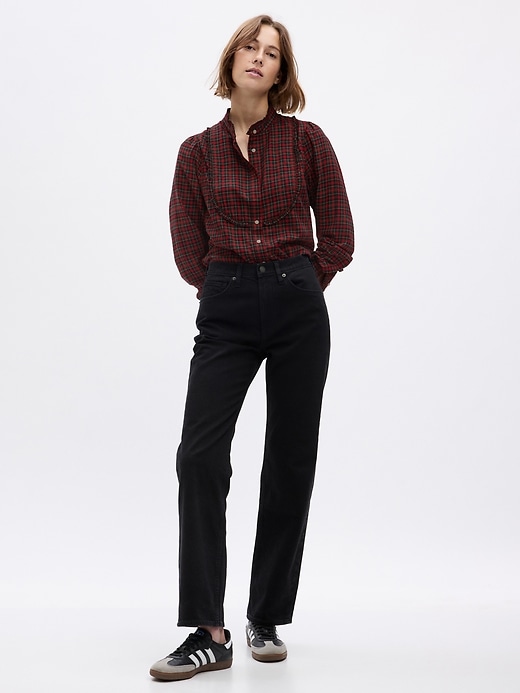 1 of 8 showing, with the color purple red plaid of product Ruffle Bib Plaid Shirt