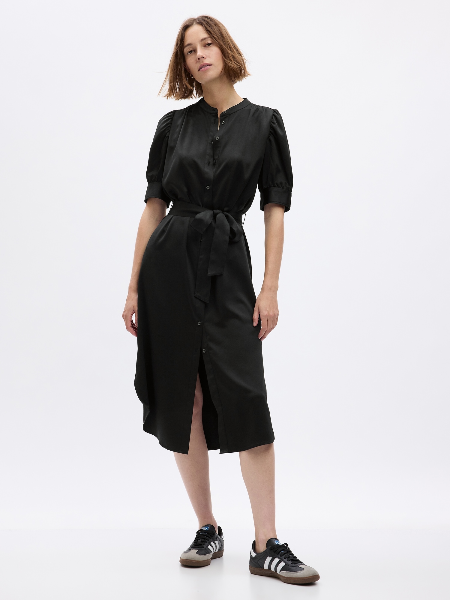 Gap Puff Sleeve Satin Midi Shirtdress