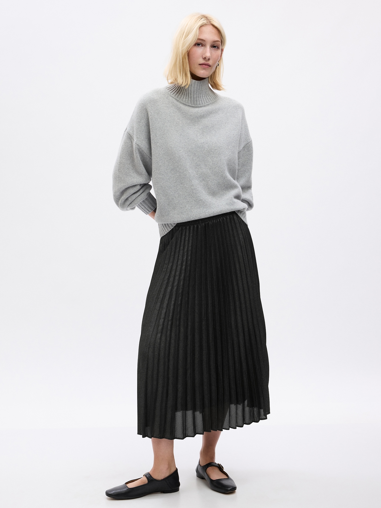 Pleated Metallic Midi Skirt