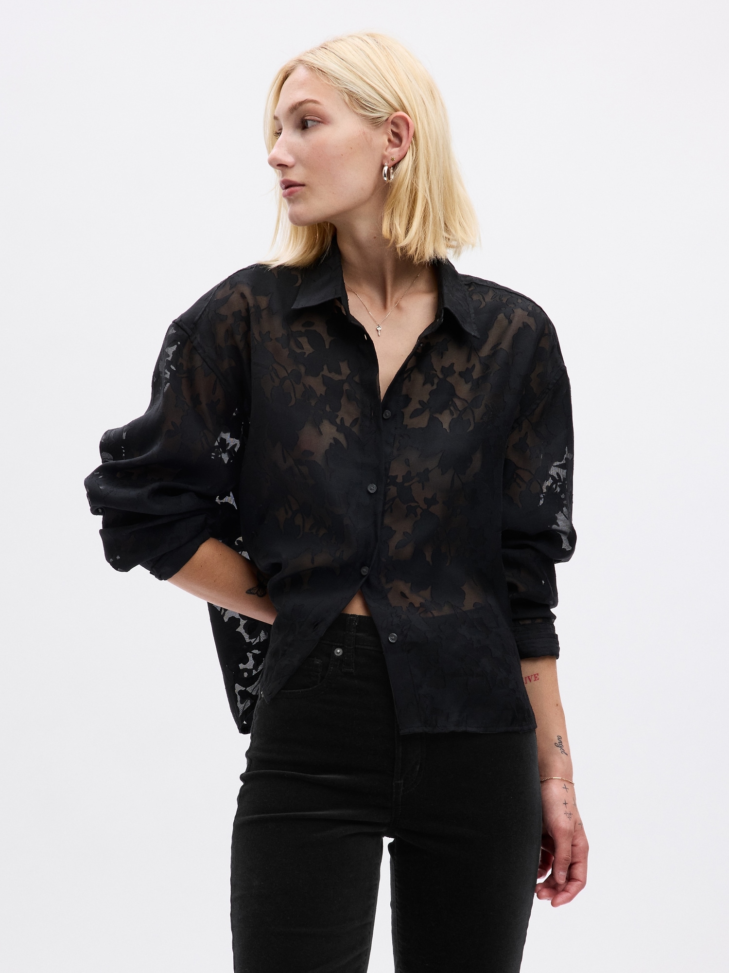 Sheer Floral Cropped Shirt | Gap