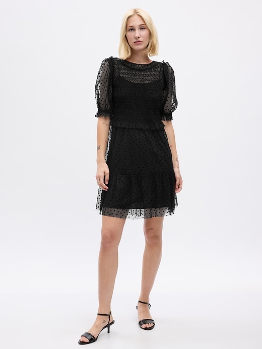 1 of 8 showing, with the color black of product Puff Sleeve Mesh Mini Dress