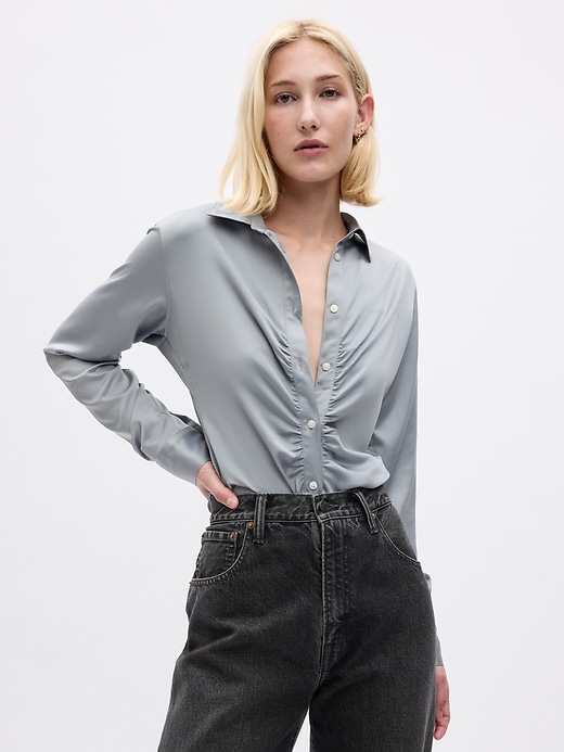 1 of 8 showing, with the color storm cloud grey of product Satin Ruched Shirt