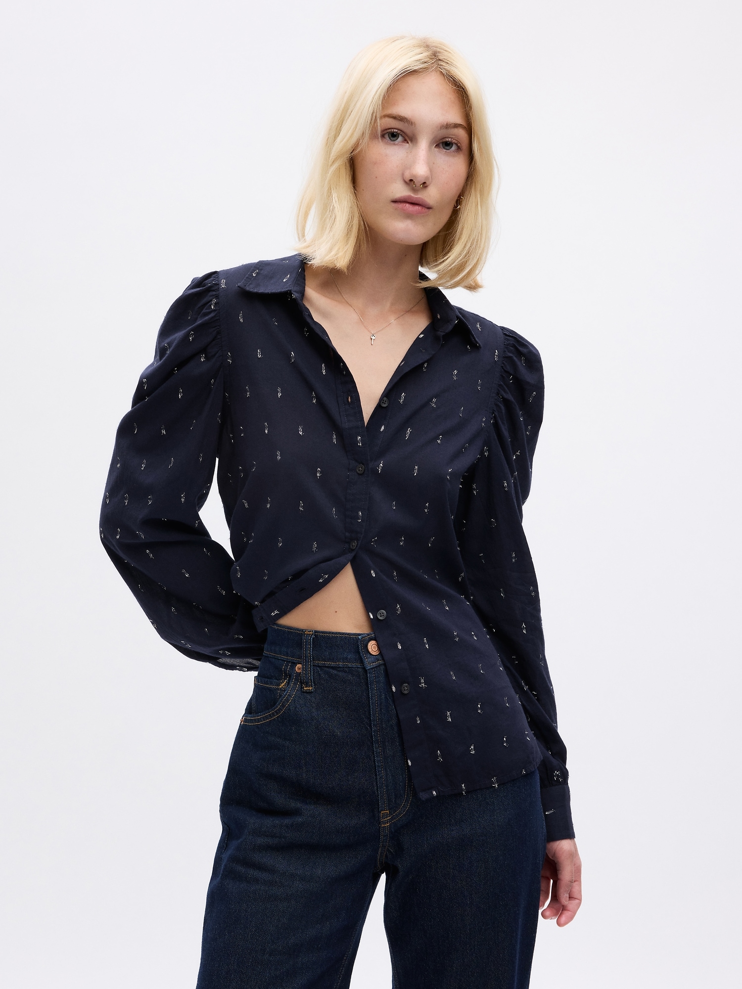 Gap Embroidered Puff Sleeve Shirt In Navy Blue