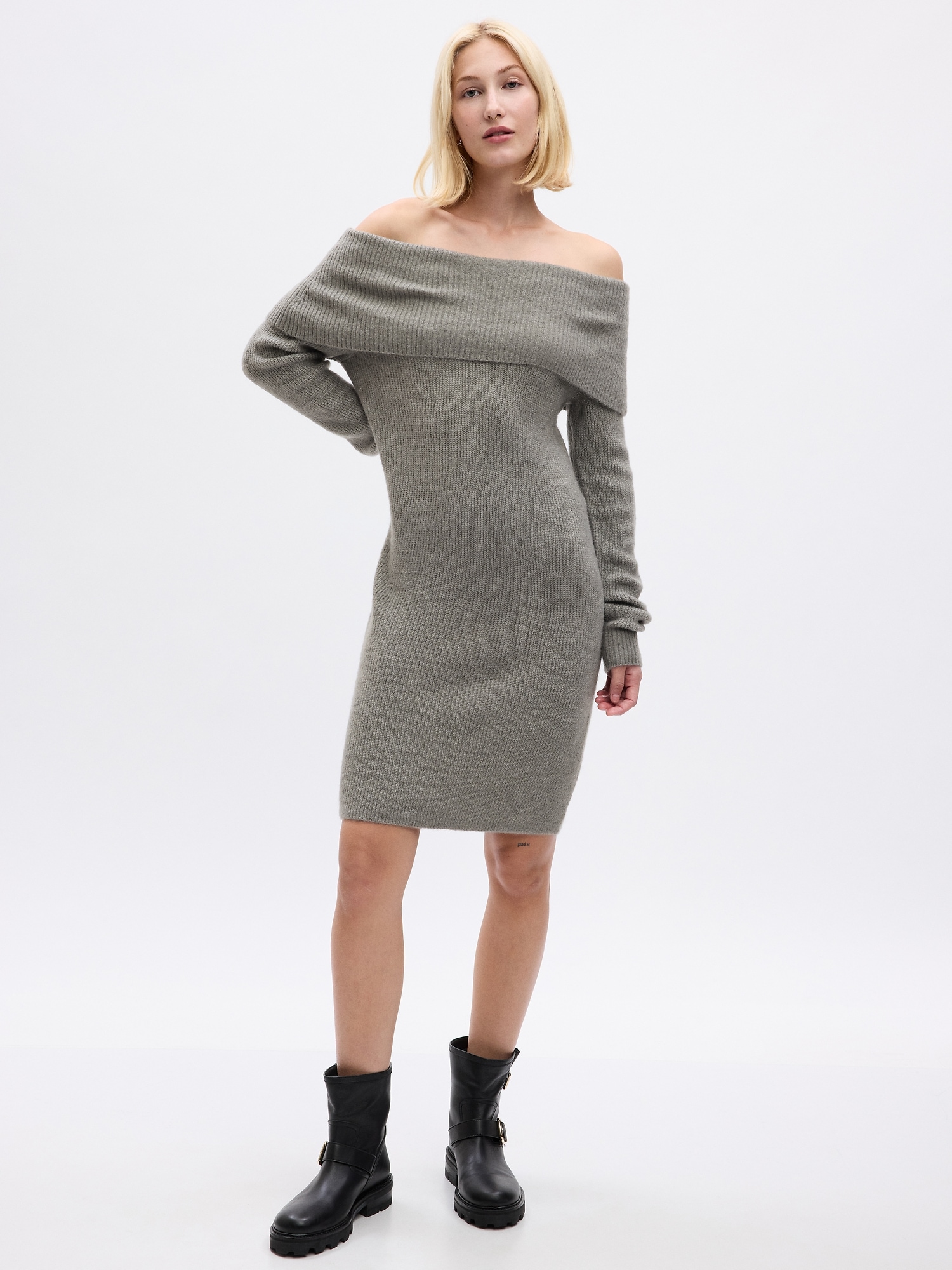 Gap Off-shoulder Mini Sweater Dress In Gray