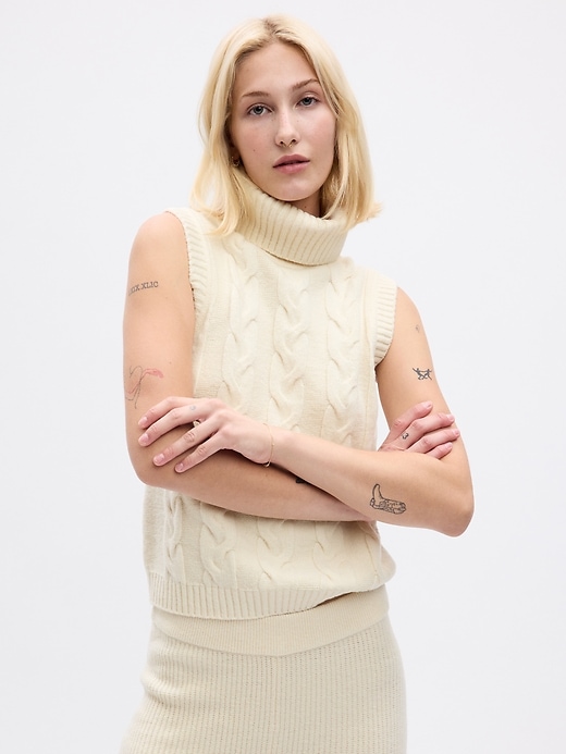 1 of 8 showing, with the color birch beige of product CashSoft Cable-Knit Turtleneck Sweater Tank