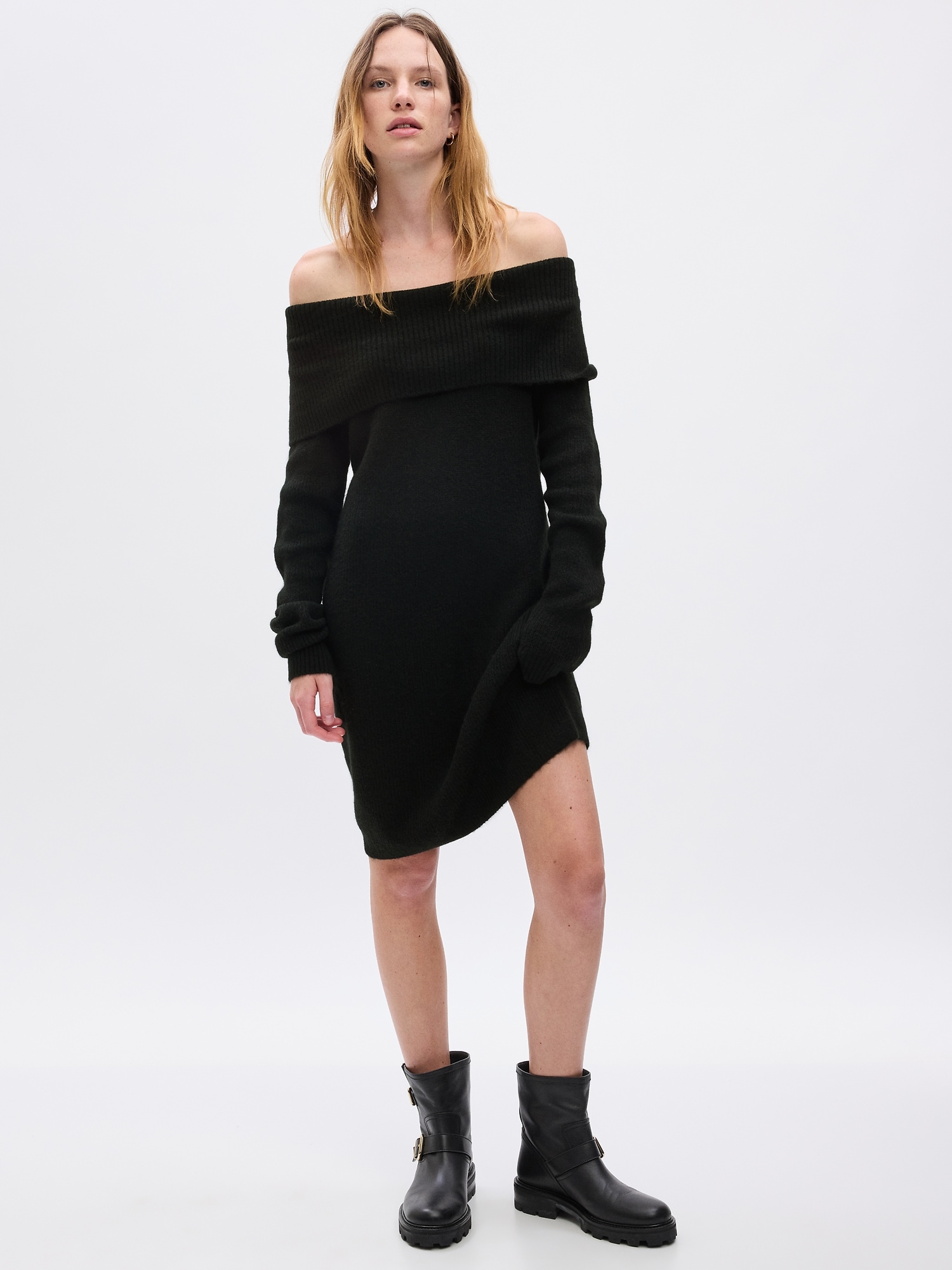 Gap Off-shoulder Mini Sweater Dress In Black